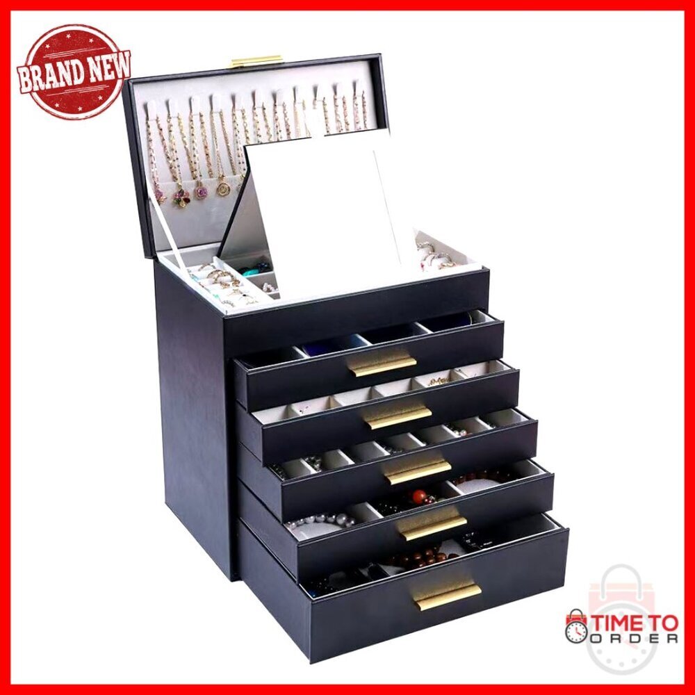 Large 6-Layer Jewelry Organizer with 5 Drawers and Mirror